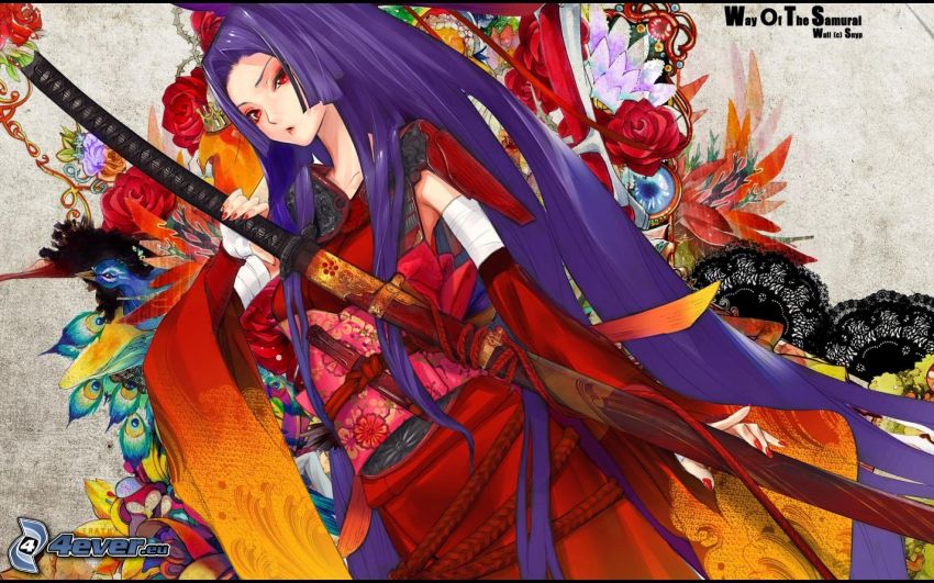 anime woman, purple hair, katana