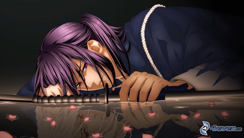 anime woman, sword, purple hair