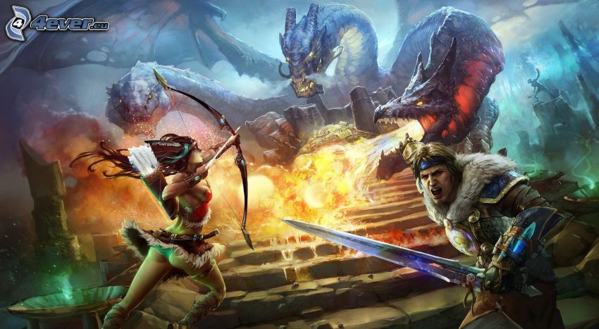 cartoon dragon, fire, fantasy warriors