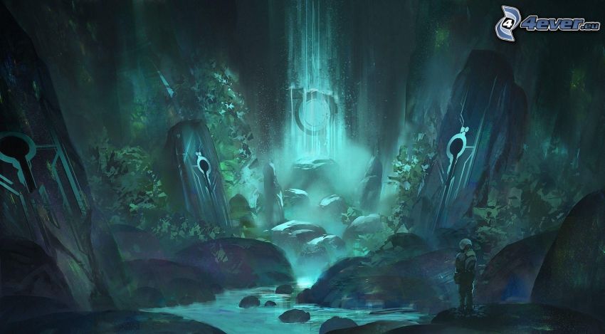 cartoon landscape, fantasy, waterfall