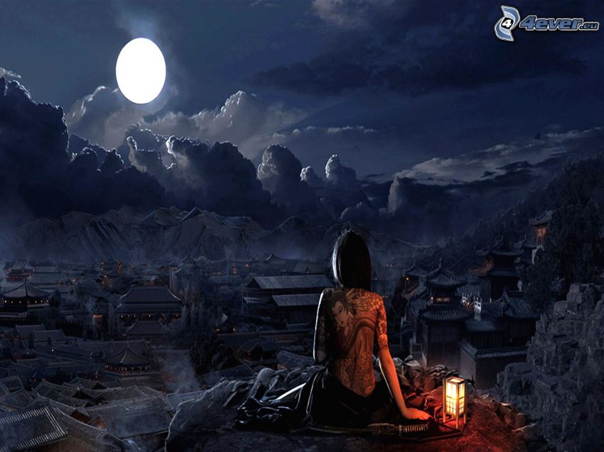 chinese woman, full moon, a chinese village