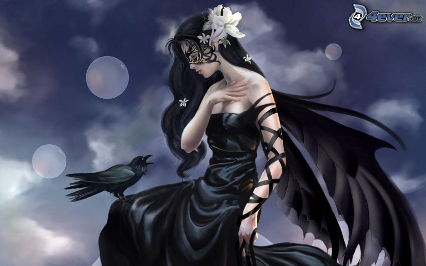 fantasy girl, black dress, black wings, crow