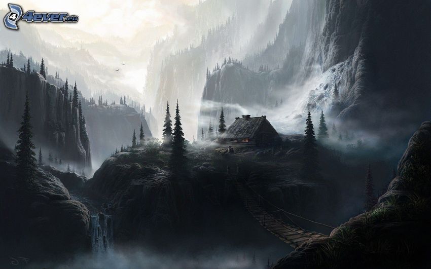 fantasy land, cottage, rocky mountains, wooden bridge, black and white