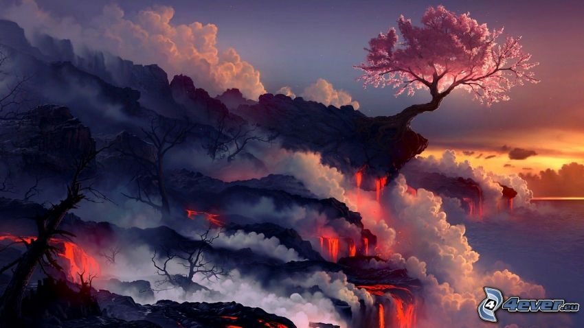 fantasy land, pink tree, lava, steam