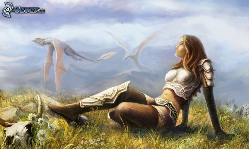 fantasy woman, flying dragon