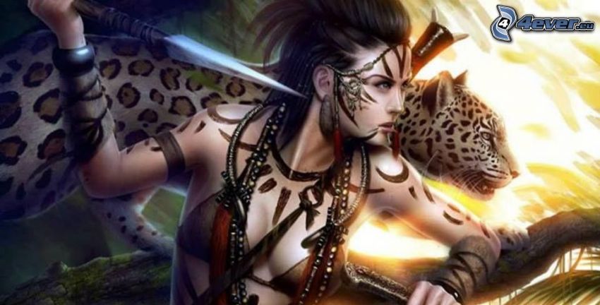 fantasy woman, spear, leopard