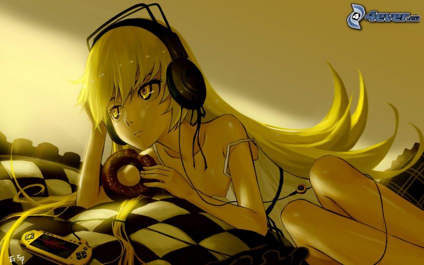 girl with headphones, blonde, anime