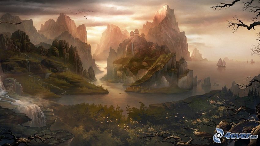 rocky mountains, River, ships, fantasy land, waterfalls
