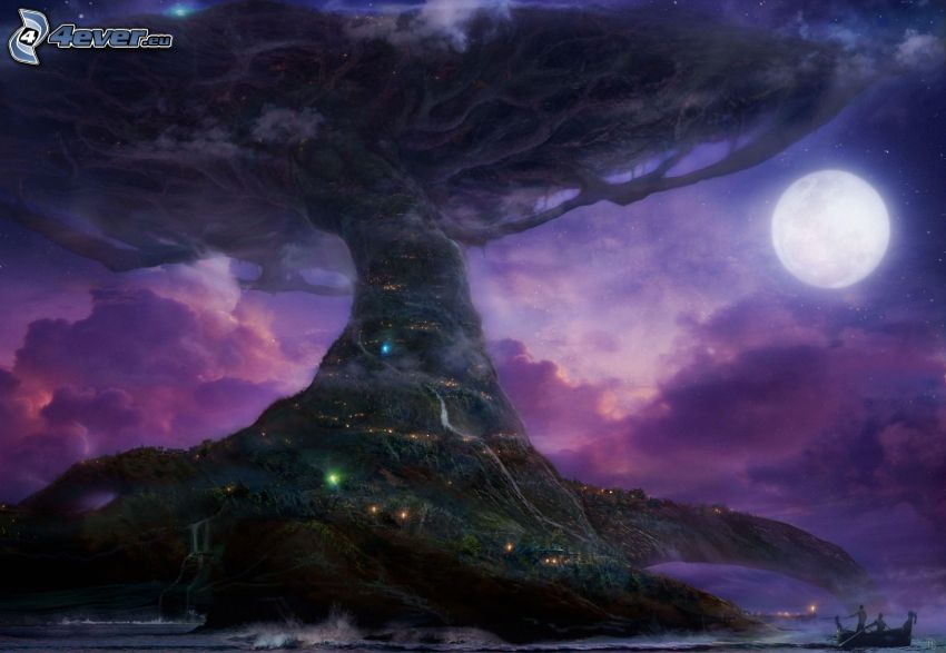 tree, moon, night, darkness