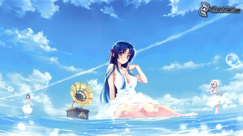 anime girl, sea, phonograph, sky