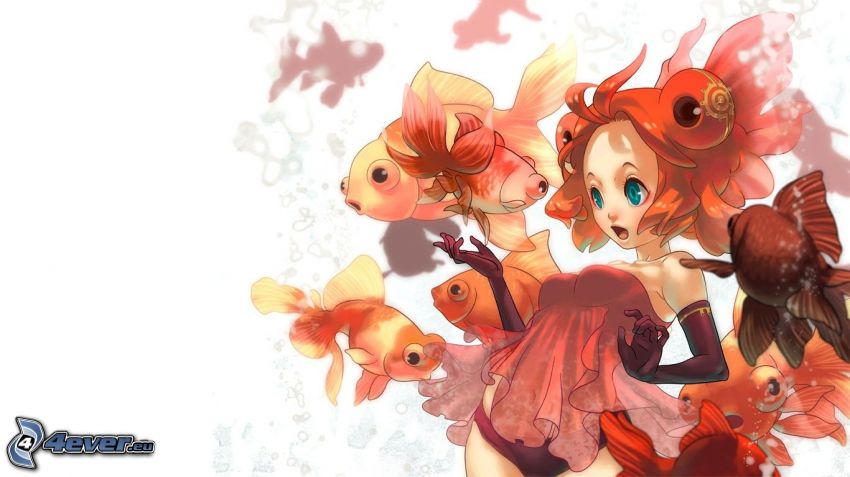 anime girl, shoal of fish