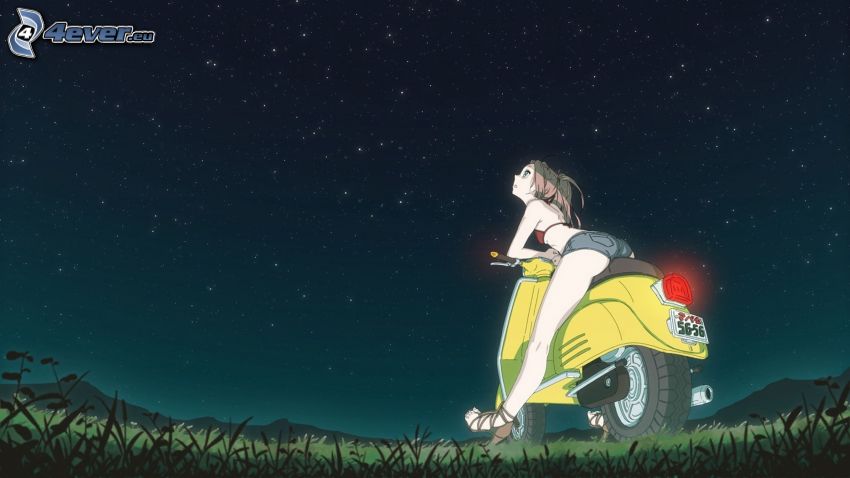 anime girl, woman on motorbike, night, universe