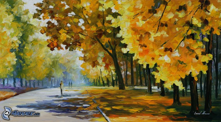 autumn trees, road, oil painting