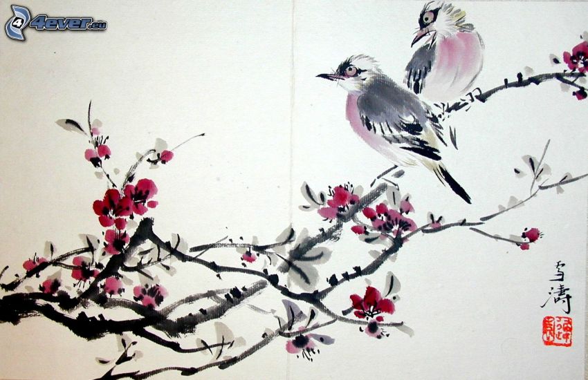 birds, flowering twig