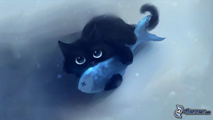 black kitten, fish