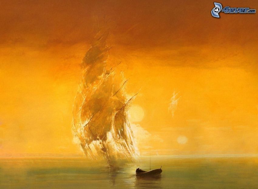 boat, painting, yellow sky, sea
