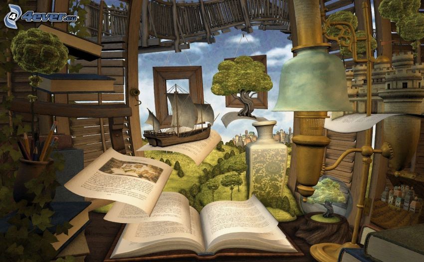 book, trees, cartoon sailboat