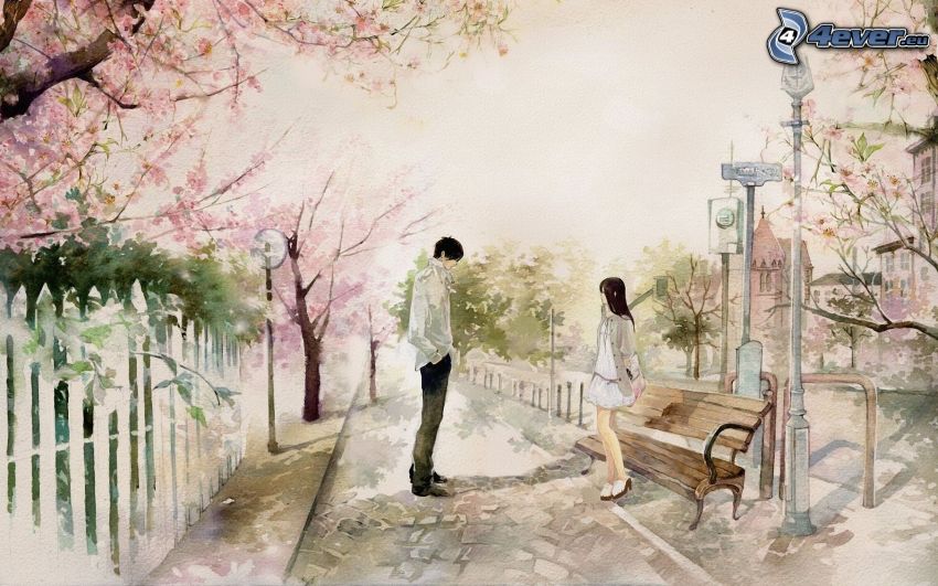boy and girl, bench, flowering trees