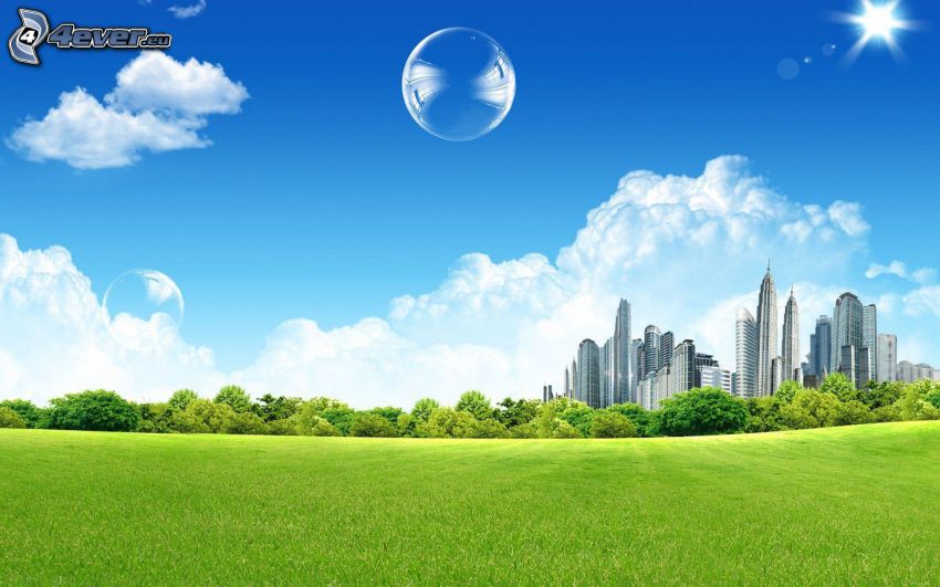 bubbles, skyscrapers, grass, trees, clouds, sun