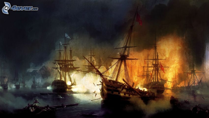 burning ships, sailboats, battle, night