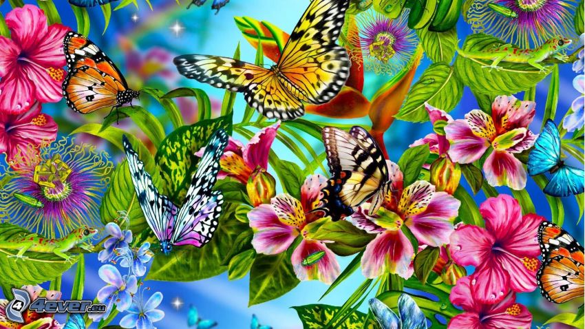 butterflies, colored flowers