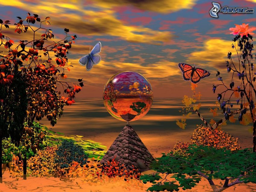 butterflies, pyramid, digital landscape, sand