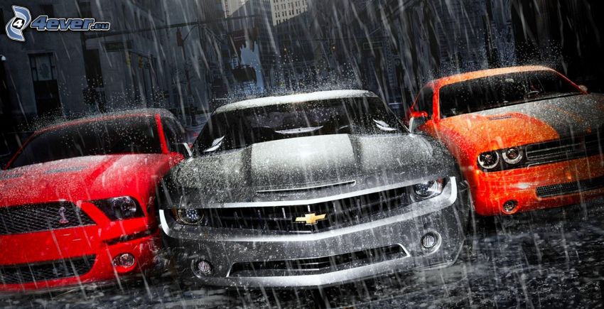 cars, Ford Mustang Shelby, Chevrolet Camaro, Dodge, rain