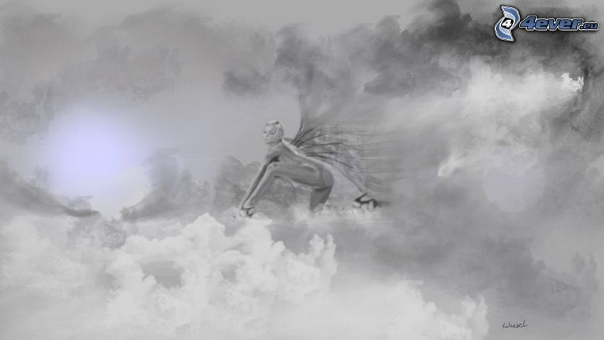 cartoon angel, clouds