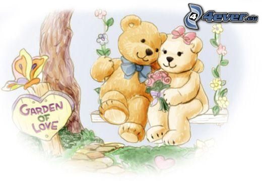 cartoon bears, couple, hug, bench