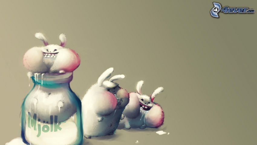 cartoon bunnies, milk, cup