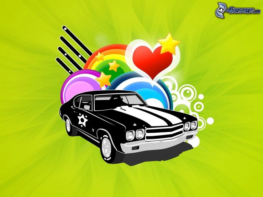 cartoon car, heart, stars