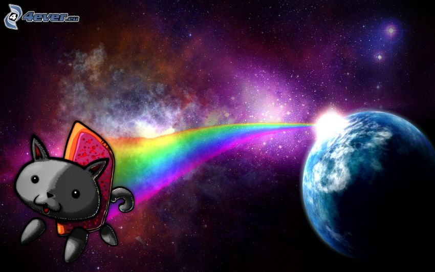 cartoon cat, rainbow, Earth, universe