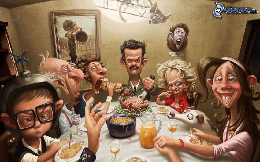 cartoon characters, family, caricature, dinner