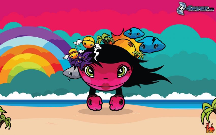 cartoon characters, rainbow, beach, sea