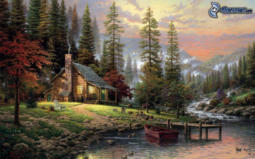 cartoon cottage, River, forest, trees, picture, painting