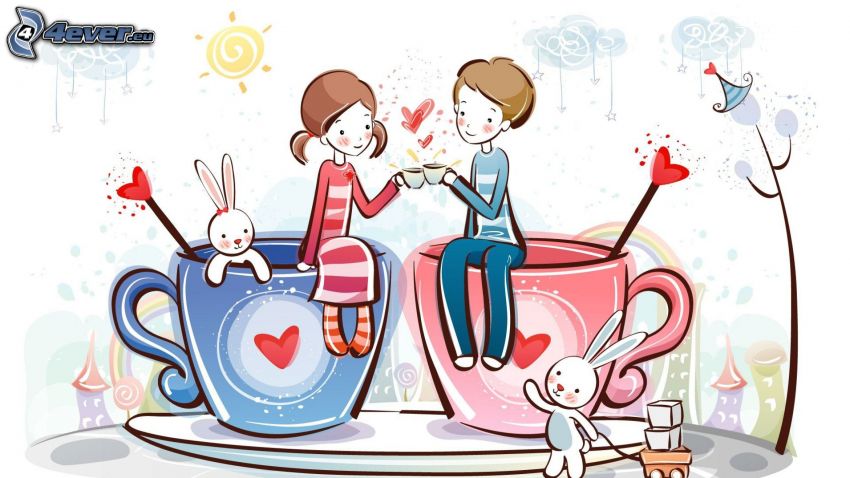 cartoon couple, cups, rabbits, hearts