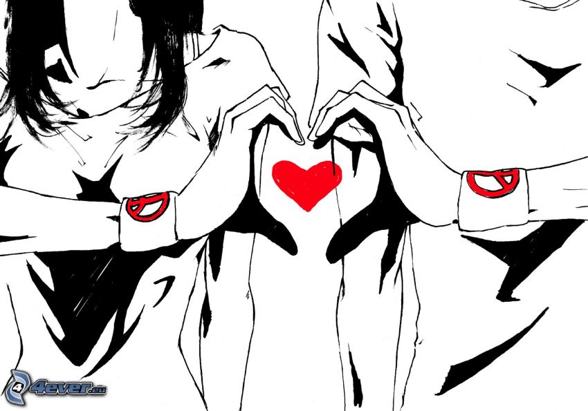 cartoon couple, heart of the hands, red heart, peace