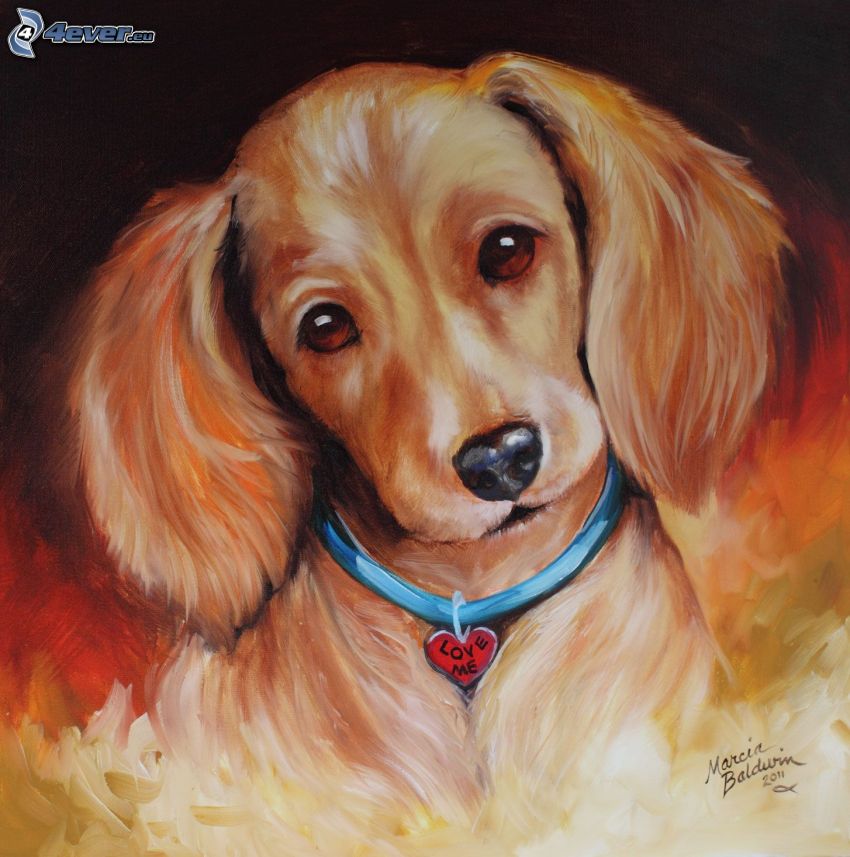 cartoon dachshund, cartoon dog, painting