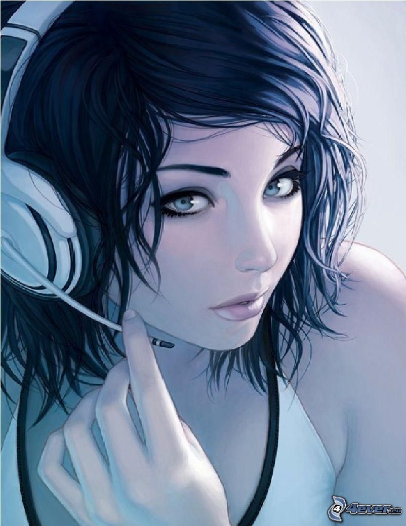 cartoon face, beautiful woman's face, headphones