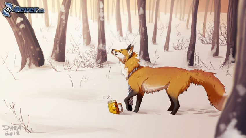 cartoon fox, forest, snow, beer