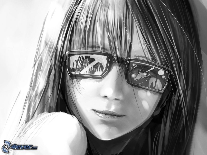 cartoon girl, girl with glasses, black and white