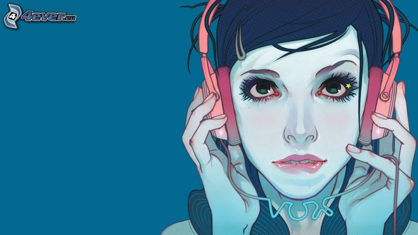 cartoon girl, girl with headphones