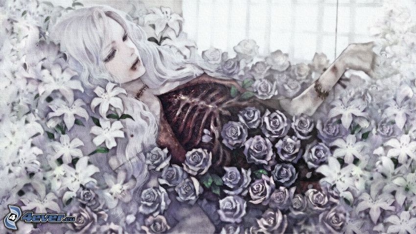 cartoon girl, roses, lily