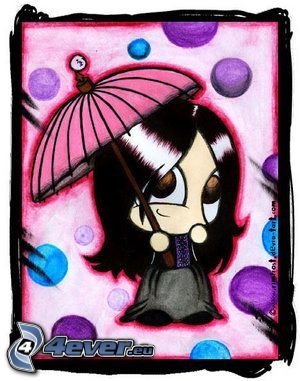 cartoon girl, umbrella, laughter