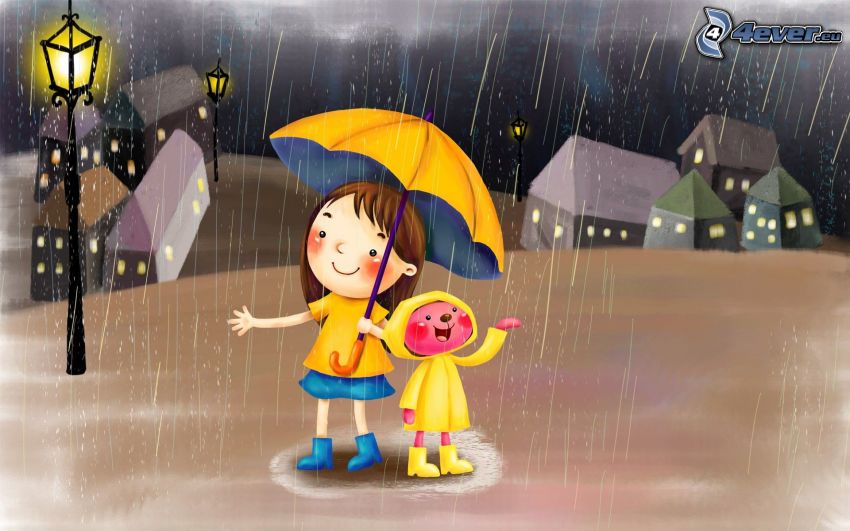 cartoon girl, umbrella, rain, street lamp, joy