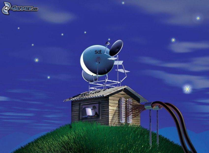 cartoon house, satellite, hill, evening, stars