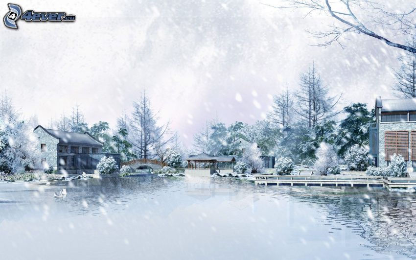 cartoon landscape, lake, snowfall