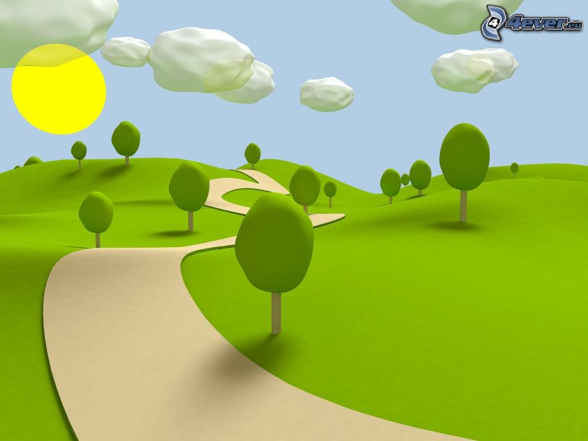 cartoon landscape, path, meadow, sun, clouds