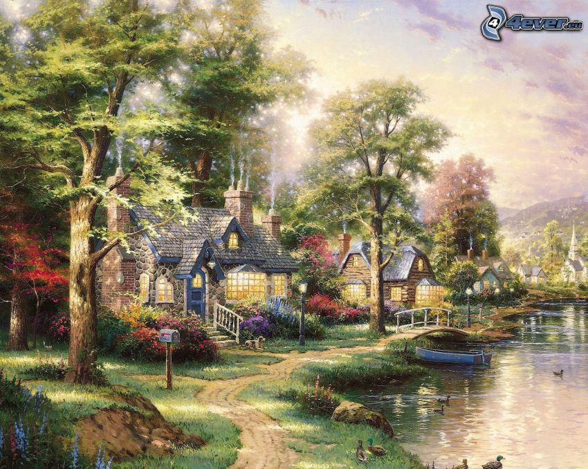 cartoon landscape, River, houses, boat