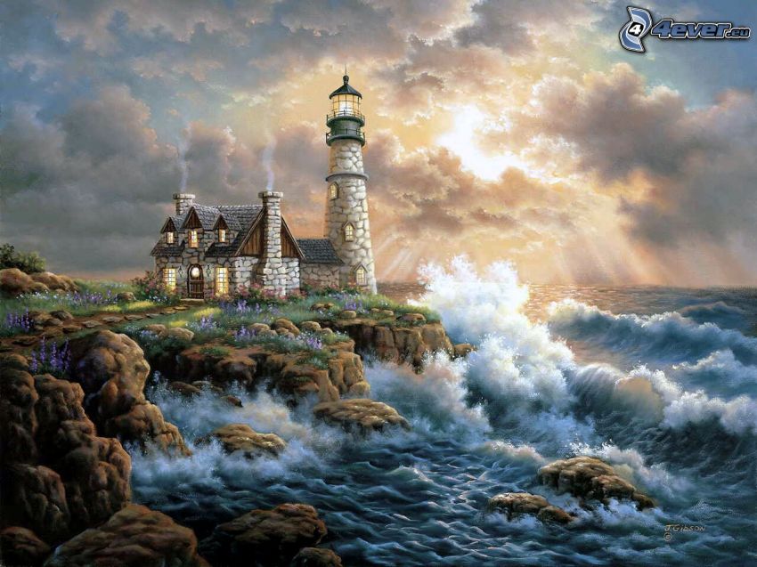 cartoon lighthouse, sea, cliff, clouds, sky
